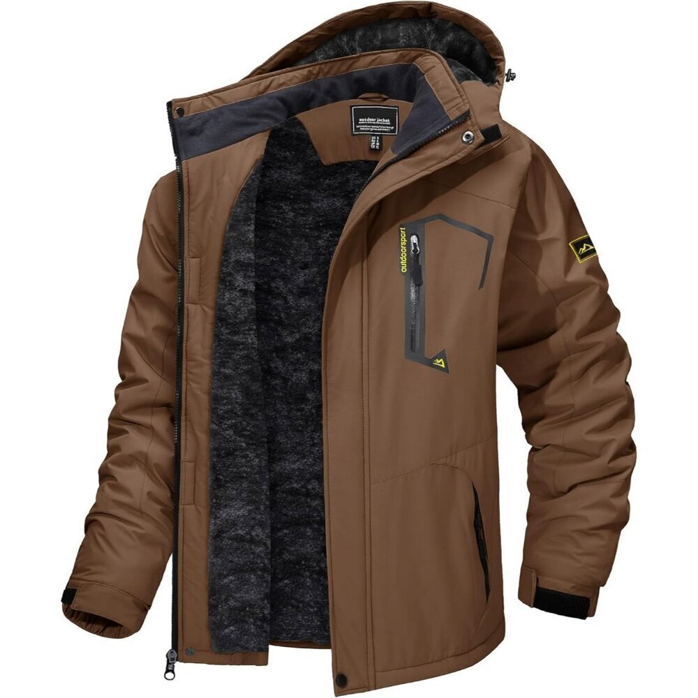Men's #215 Brown Winter Ski Jacket Water Resistant Fleece Hooded Parka